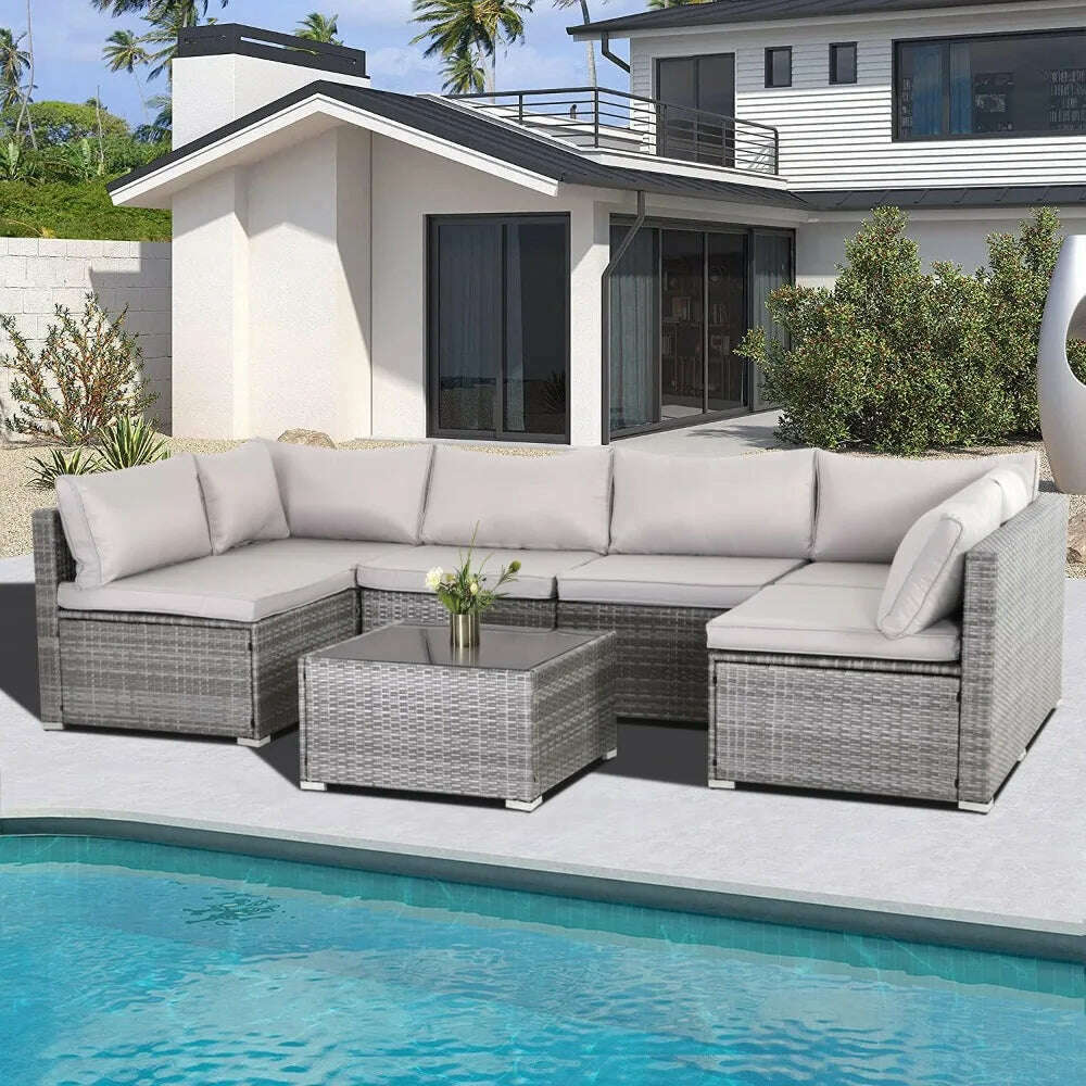 KIMLUD, 7-piece courtyard furniture set, modular wicker outdoor segmented sofa, PE wicker outdoor setL  W   H  28.5*25.6*25.6 inch, KIMLUD Womens Clothes