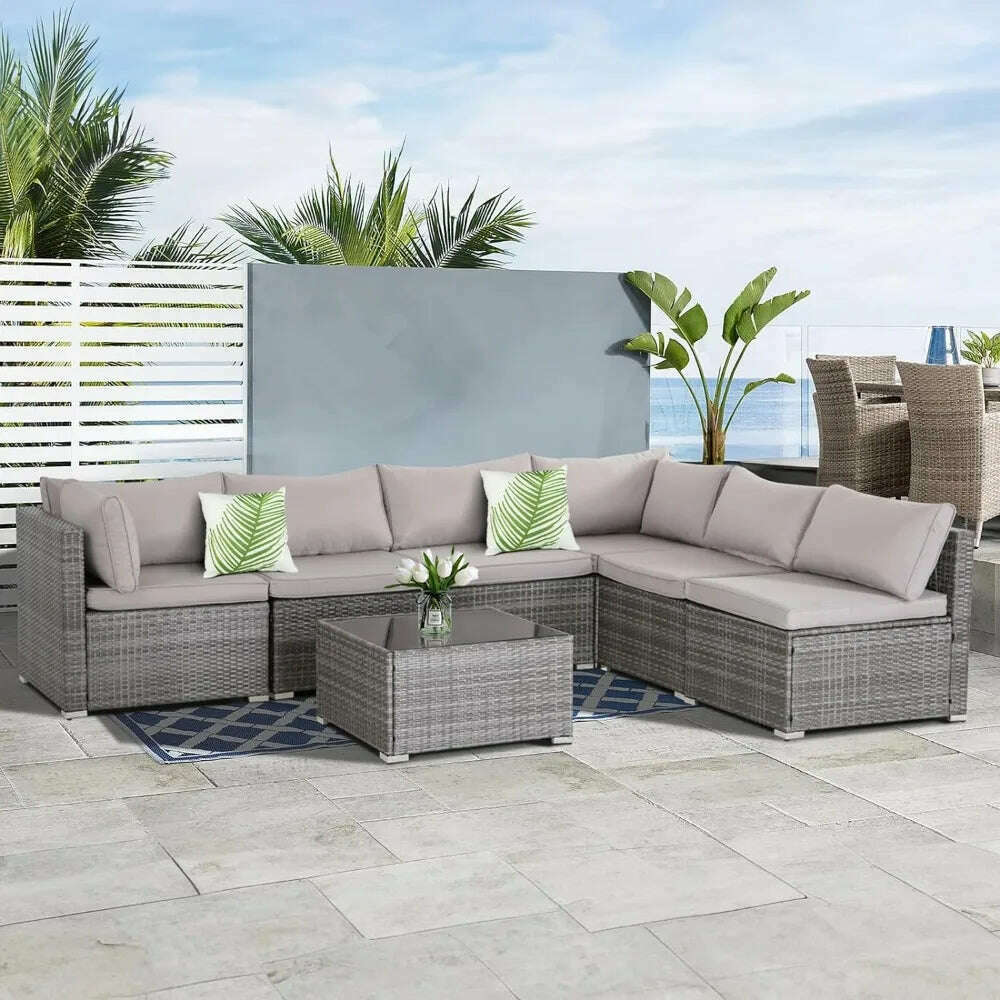 KIMLUD, 7-piece courtyard furniture set, modular wicker outdoor segmented sofa, PE wicker outdoor setL  W   H  28.5*25.6*25.6 inch, KIMLUD Womens Clothes