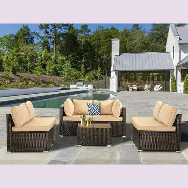 KIMLUD, 7-piece courtyard furniture set, modular wicker outdoor segmented sofa, PE wicker outdoor setL  W   H  28.5*25.6*25.6 inch, Brown Rattan Brown / United States / 7Pcs, KIMLUD APPAREL - Womens Clothes