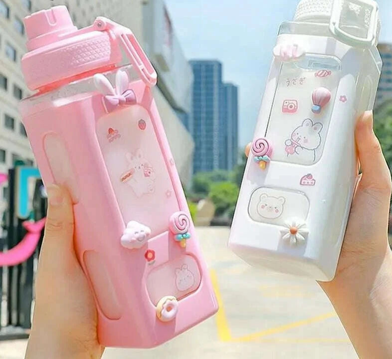 700ml Cute Water Bottle for Girls with Lid Straw Sticker Plastic Juice Milk Portable Kawaii Tumbler Children's Drinkware - KIMLUD