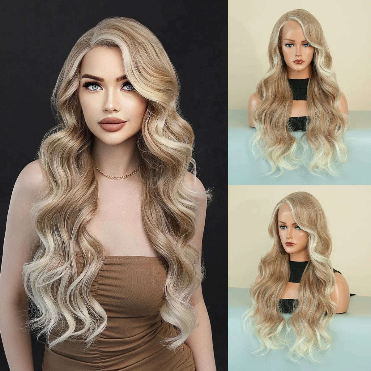 7JHH WIGS 13*4 Lace Front Wig Long Loose Wavy Blonde Wig for Women Synthetic Light Brown Lace Side Bangs Wigs Natural Looking - KIMLUD