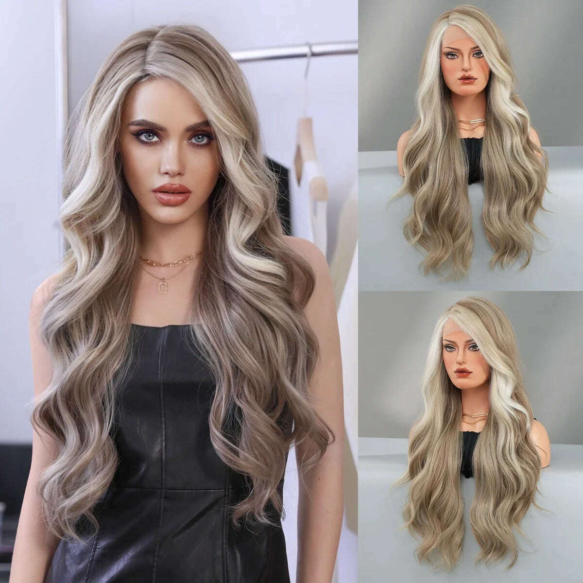 KIMLUD, 7JHH WIGS 13*4 Lace Front Wig Long Loose Wavy Blonde Wig for Women Synthetic Light Brown Lace Side Bangs Wigs Natural Looking, SZ5072-3, KIMLUD APPAREL - Womens Clothes