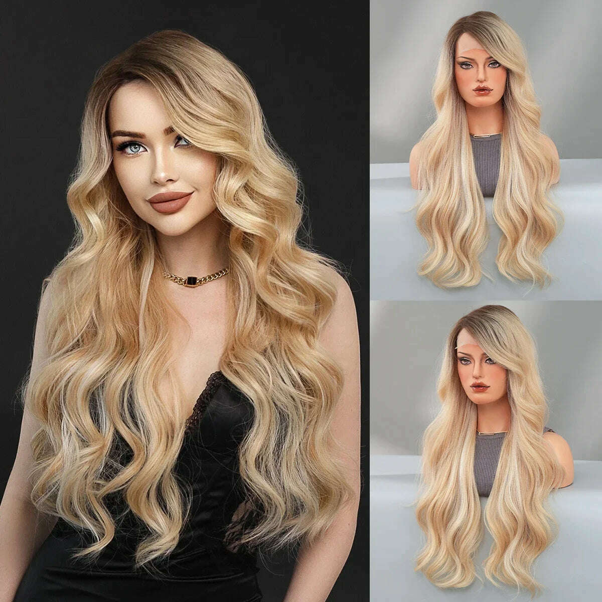 KIMLUD, 7JHH WIGS 13*4 Lace Front Wig Long Loose Wavy Blonde Wig for Women Synthetic Light Brown Lace Side Bangs Wigs Natural Looking, SZ5072-2, KIMLUD APPAREL - Womens Clothes