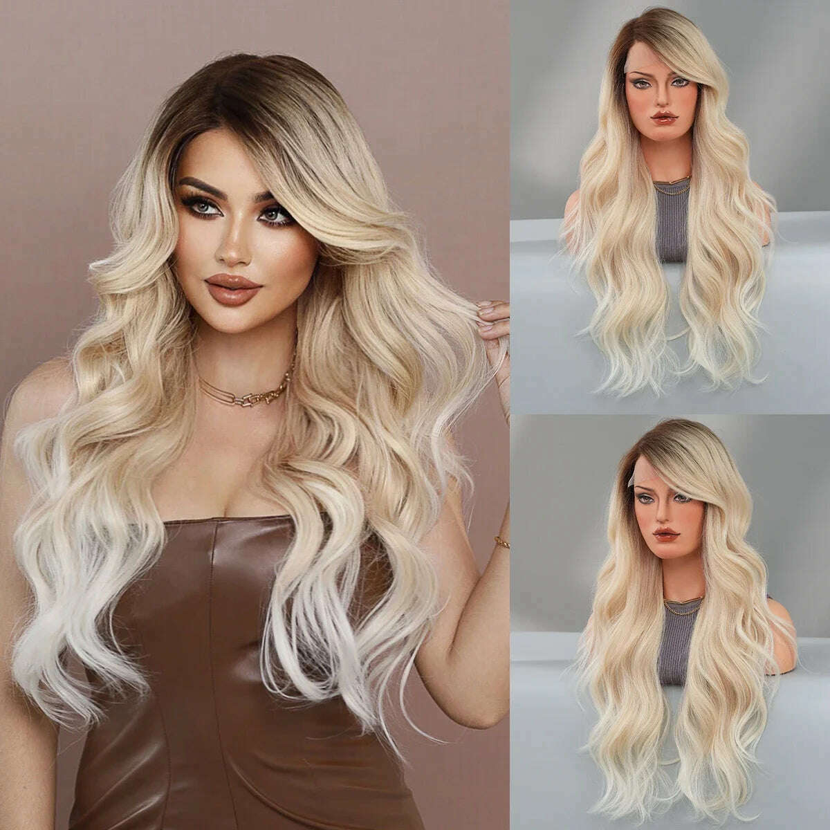 7JHH WIGS 13*4 Lace Front Wig Long Loose Wavy Blonde Wig for Women Synthetic Light Brown Lace Side Bangs Wigs Natural Looking - KIMLUD