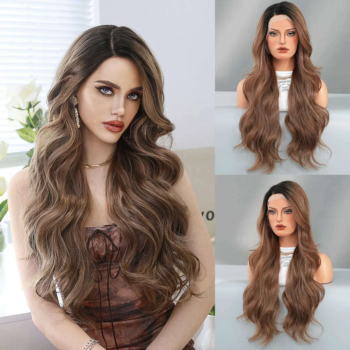 KIMLUD, 7JHH WIGS 13*4 Lace Front Wig Long Loose Wavy Blonde Wig for Women Synthetic Light Brown Lace Side Bangs Wigs Natural Looking, SZ5072-4, KIMLUD APPAREL - Womens Clothes