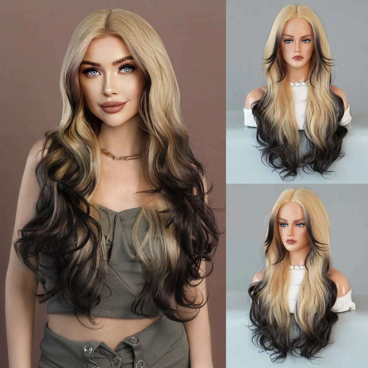 7JHH WIGS 13*4 Lace Front Wig Long Loose Wavy Blonde Wig for Women Synthetic Light Brown Lace Side Bangs Wigs Natural Looking - KIMLUD