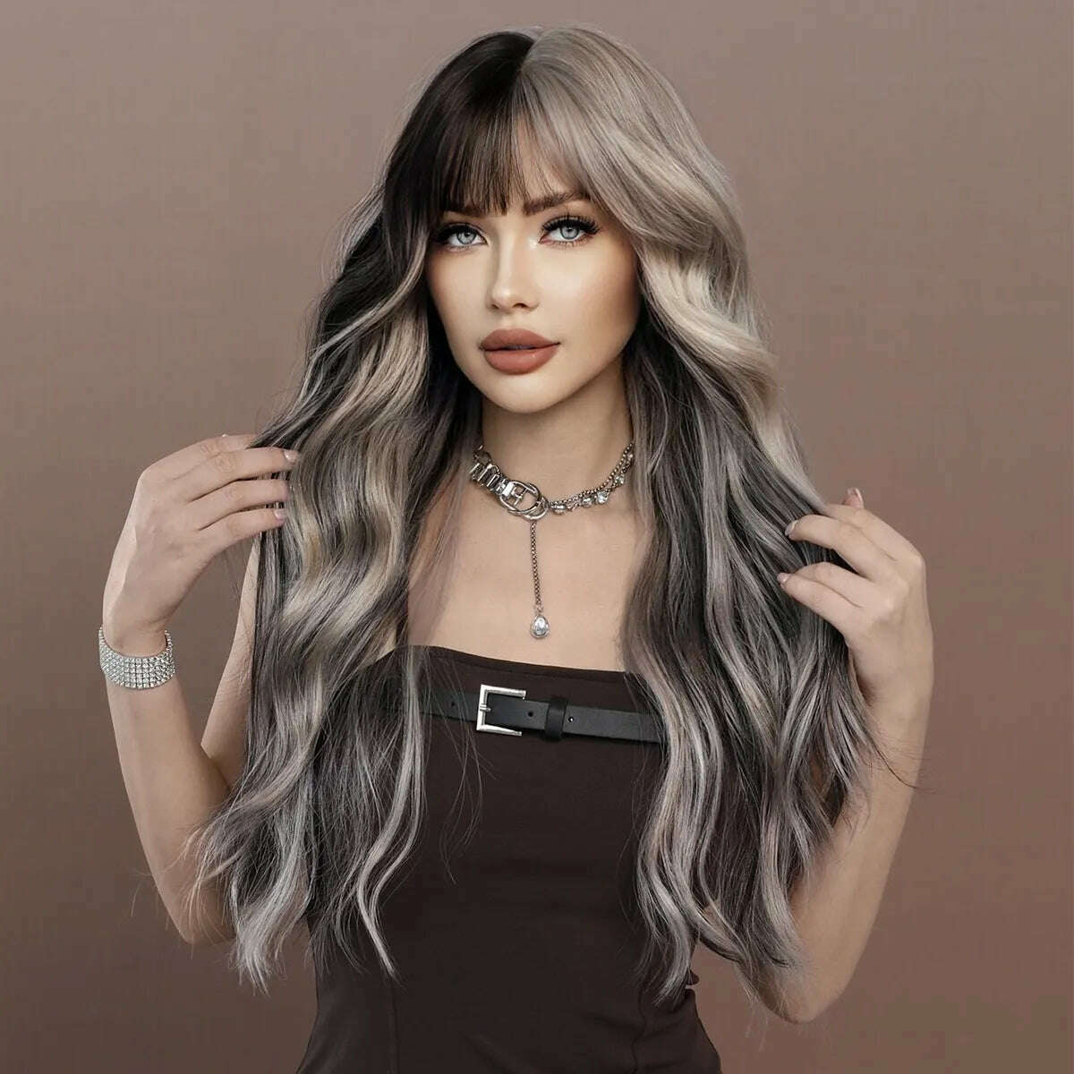 7JHH WIGS Long Body Wavy Silver Ash Hair Wig with Bangs for Women Daily Party High Density Hair Ombre Wigs Heat Resistant Fiber - KIMLUD