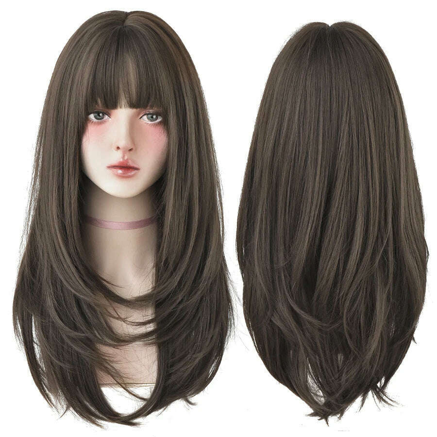 7JHHWIGS Long Straight Synthetic Light Brown Wigs With Bang For Women Heat-Resistant Daily Use Hair Hot Sell Wholesale Wigs - KIMLUD