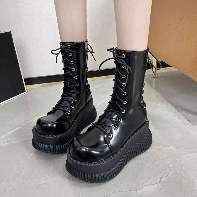 KIMLUD, 8cm Black Glossy Straps Punk Style Boots for Women Autumn and Winter New Thick-soled Heightening Platform Mid-calf Knight Boots, KIMLUD Womens Clothes