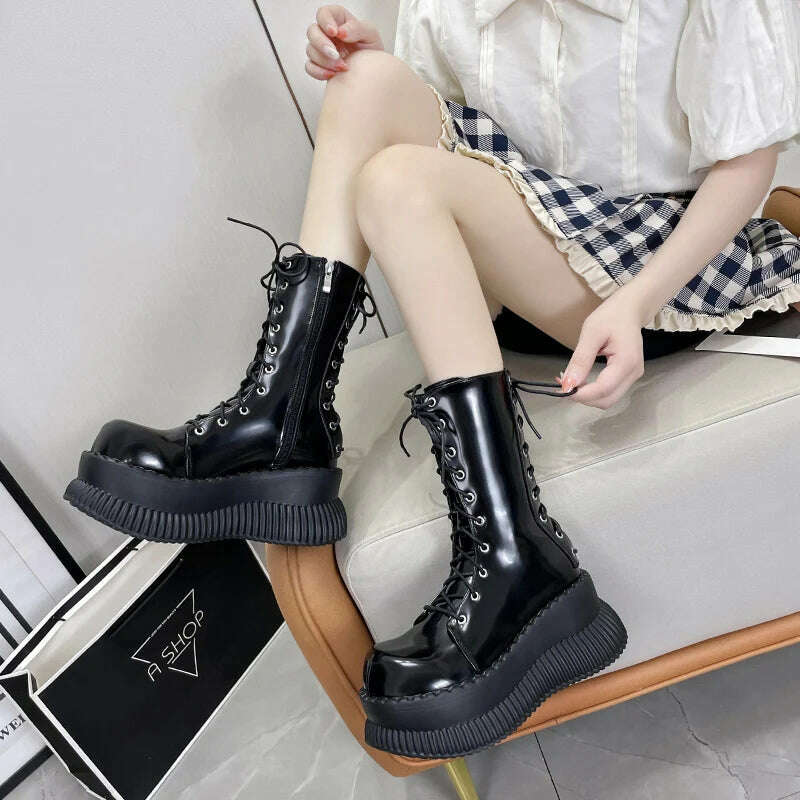 KIMLUD, 8cm Black Glossy Straps Punk Style Boots for Women Autumn and Winter New Thick-soled Heightening Platform Mid-calf Knight Boots, KIMLUD Womens Clothes