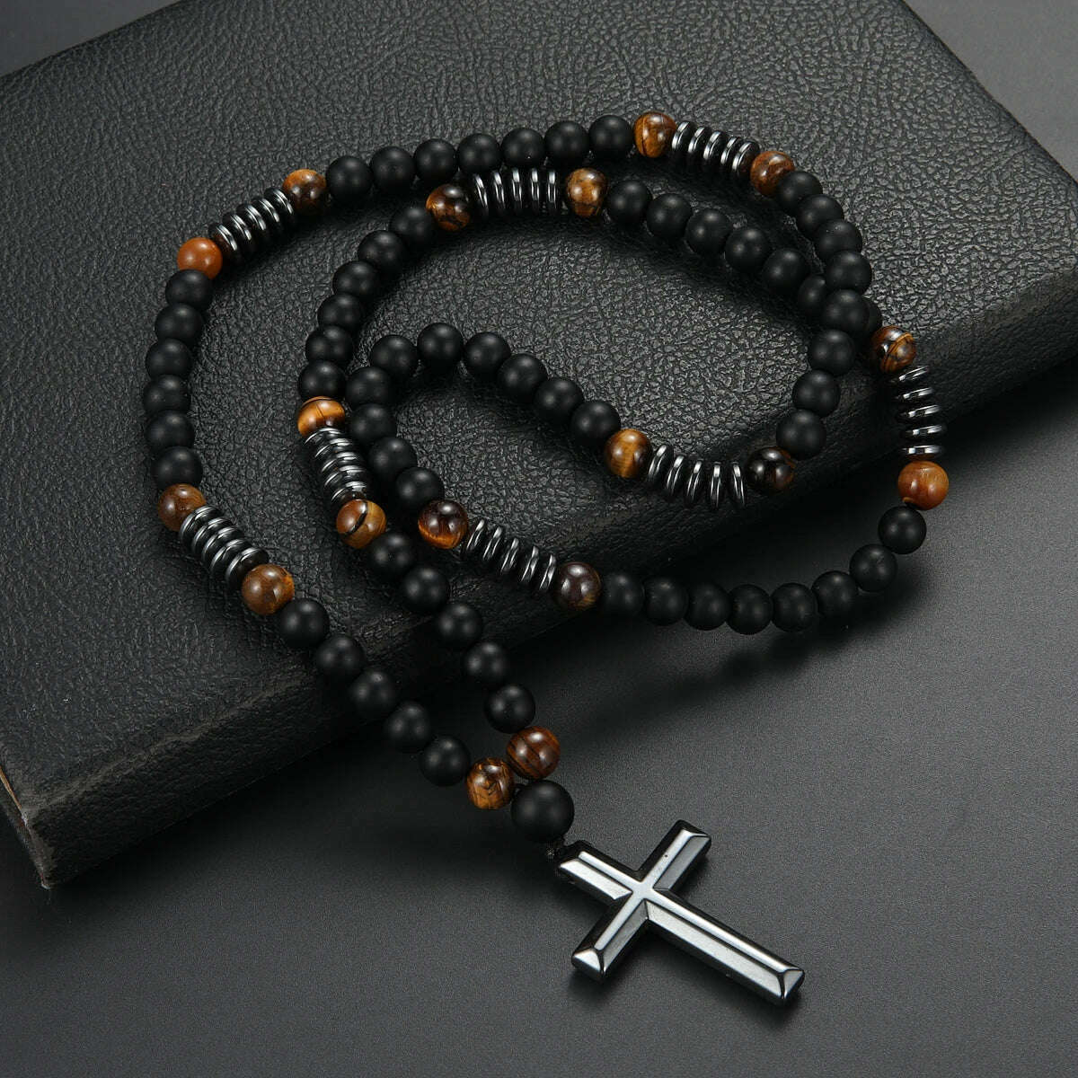 8mm Black Obsidian Tiger-eye Beaded Necklace with Hematite Cross Pendant for Men - KIMLUD