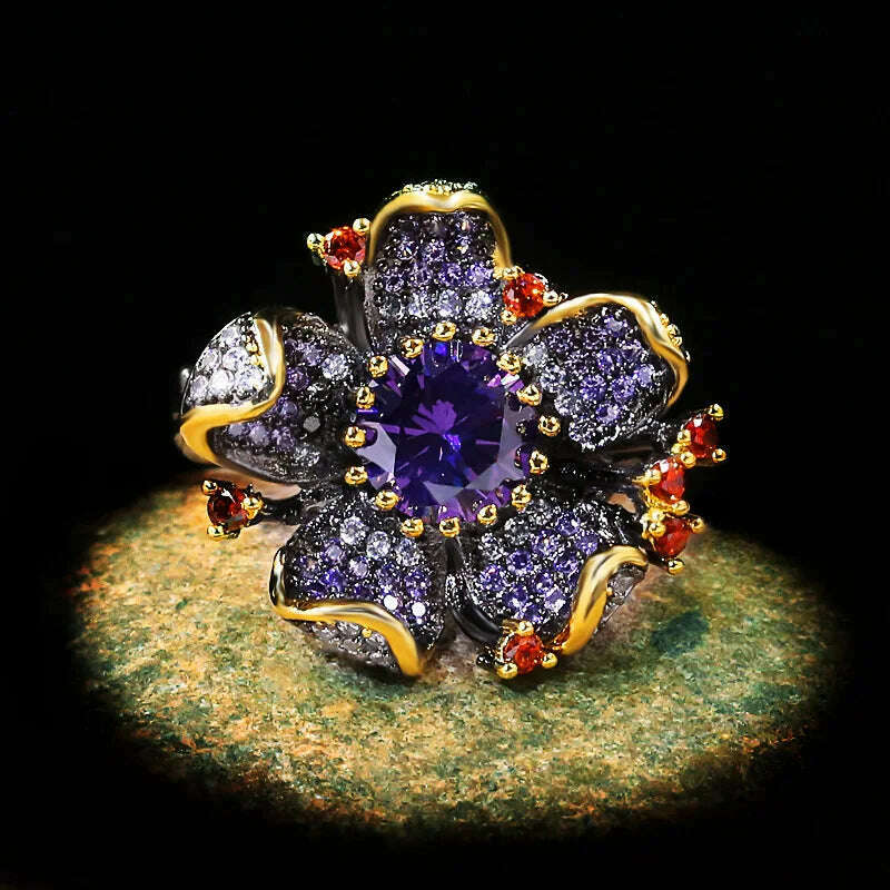 KIMLUD, 925 Stamp New Unique Purple Diamond Flower-Shaped Black Gold Ring Zircon Shiny Jewelry Elegant Party Women's, KIMLUD Womens Clothes