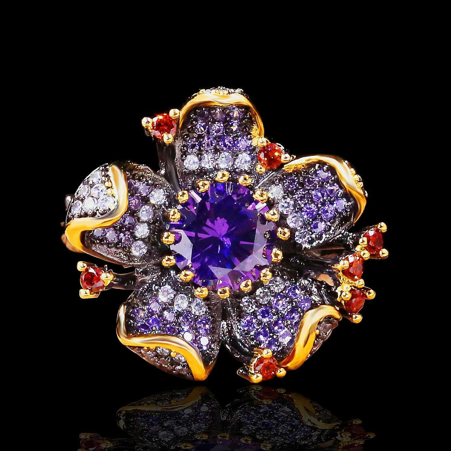 KIMLUD, 925 Stamp New Unique Purple Diamond Flower-Shaped Black Gold Ring Zircon Shiny Jewelry Elegant Party Women's, PURPLE / 8 / CHINA, KIMLUD APPAREL - Womens Clothes