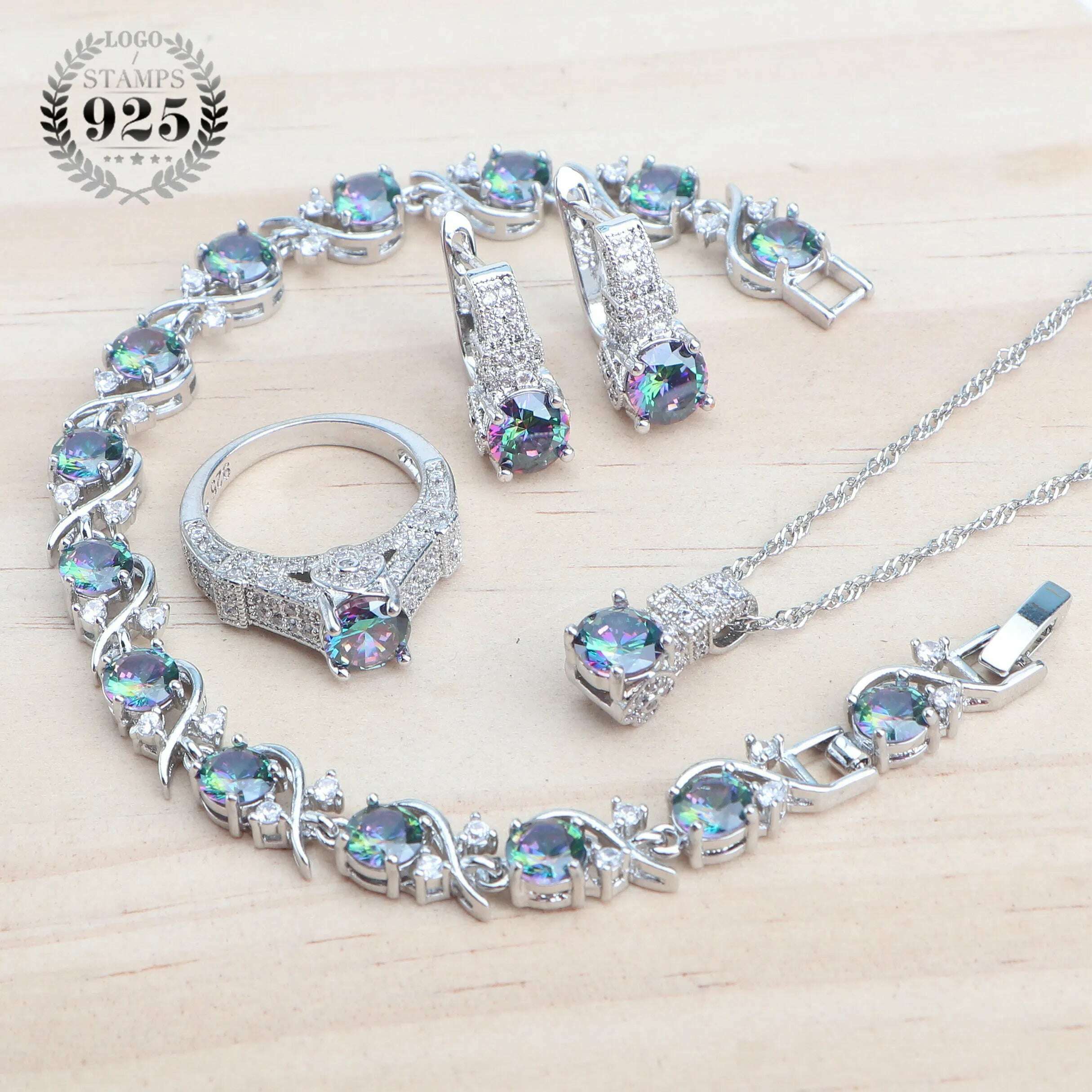 925 Sterling Silver Jewelry Sets For Women Wedding Jewelry Ladies Purple Zircon Earrings Bracelets Set Rings Pendant Necklace - KIMLUD