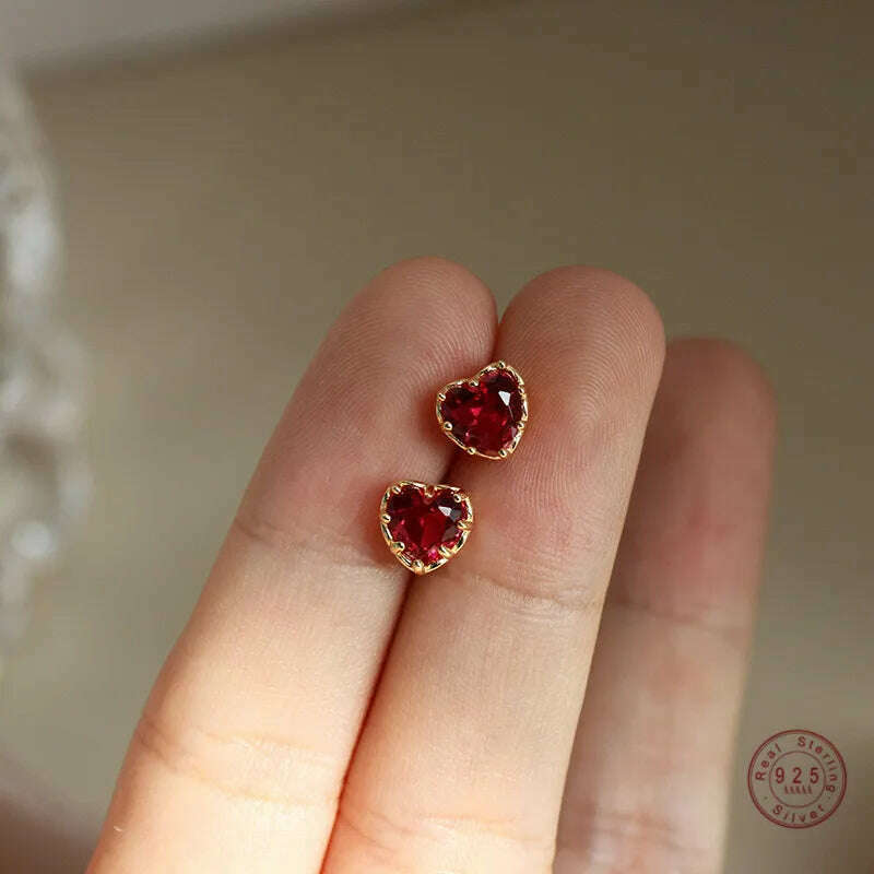 925 Sterling Silver Red Heart Stud Earrings For Women Luxury Temperament Wedding Party Jewelry Accessories Girlfriend Gift - KIMLUD