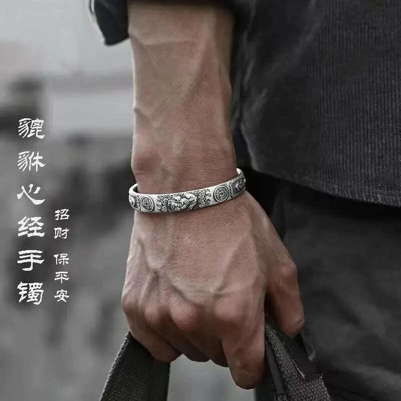 KIMLUD, 999 Silver Brave Bracelet Men's Fashion Trend Retro Style Boy's Opening Bangle Trend Personality Hand Chain for Holiday Gifts, KIMLUD Womens Clothes