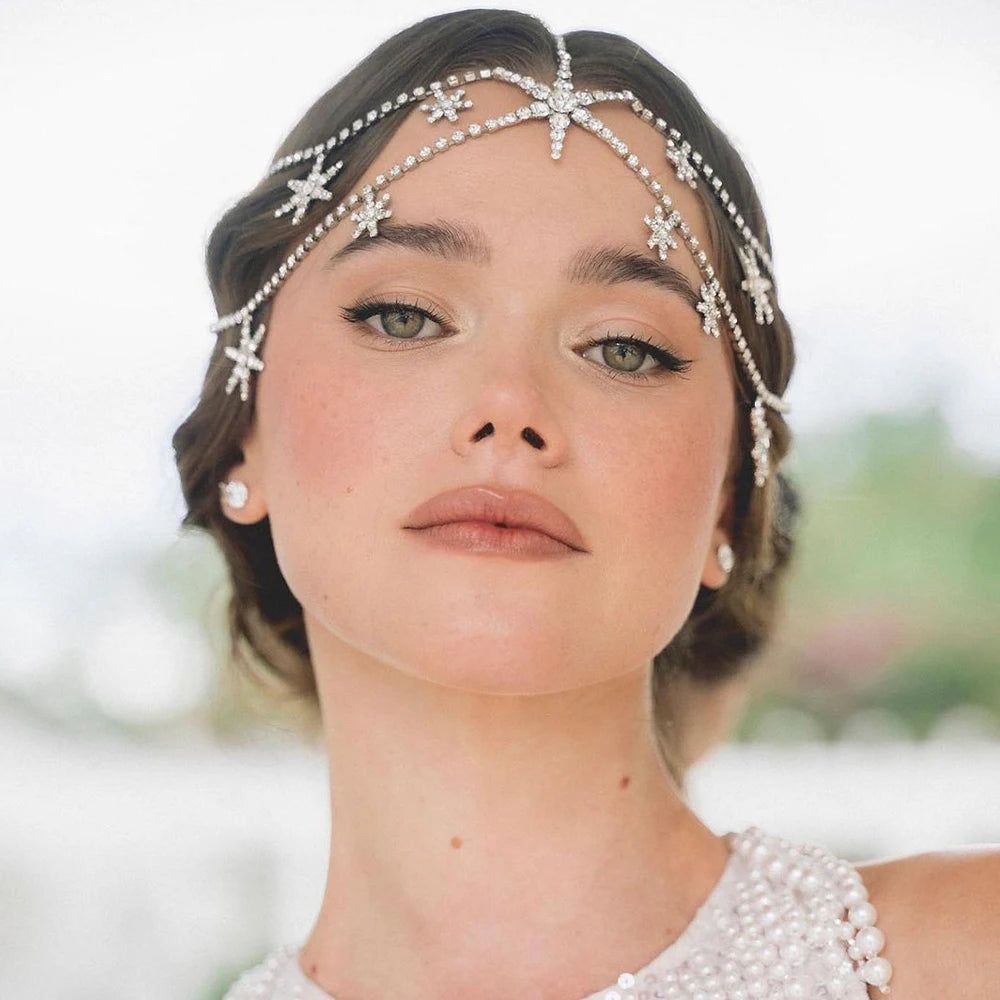 Luxury Bridal Star Head Chain Mesh Jewelry for Women Accessories Princess Prom Wedding Crystal Multi Layer Head Chain Tiara Gift - KIMLUD