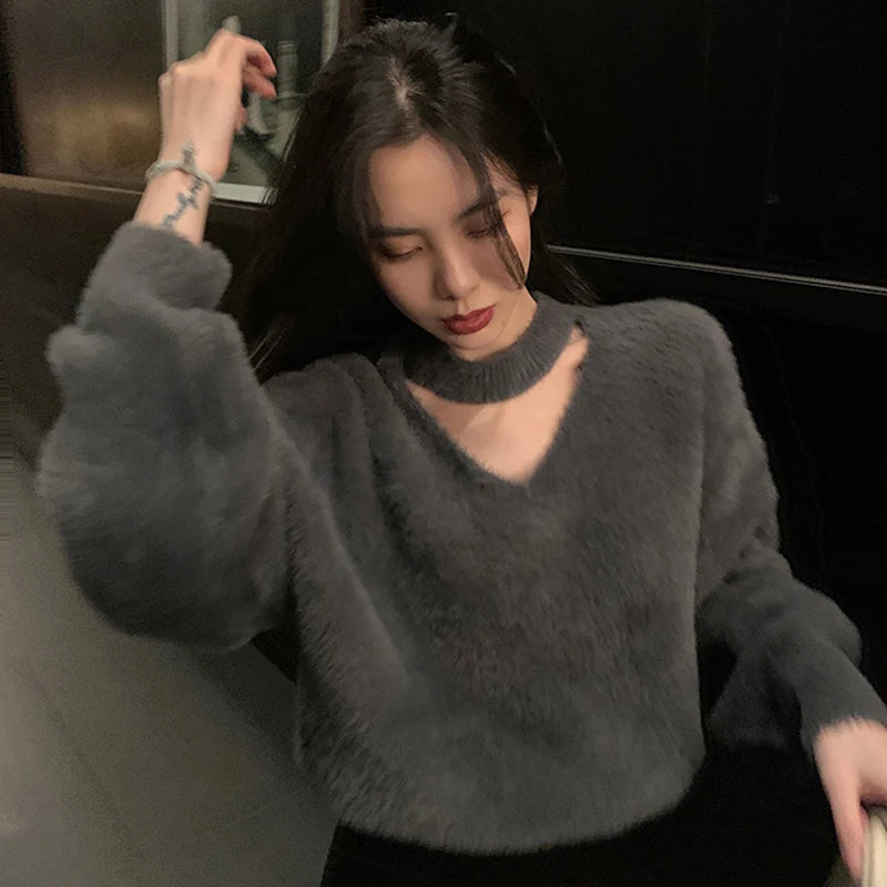 Halter V-Neck Loose Knitted Sweater Women Mink Cashmere Jumpers Oversized Elastic Casual Pullovers Lantern Sleeve Vintage X470