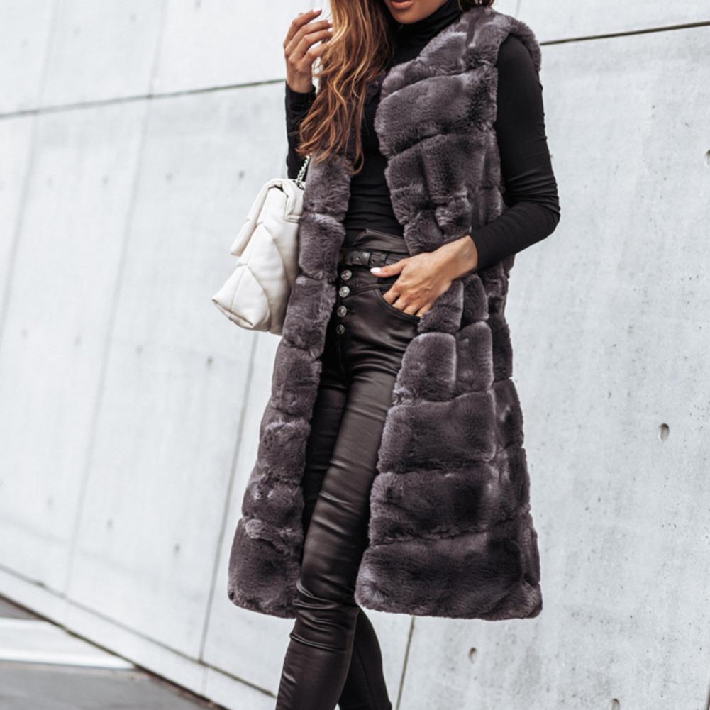 Autumn Winter Women Jacket Vest Solid Color Round Neck Faux Fur Coat Thick Crew Neck Outerwear Plush Jacket for Women