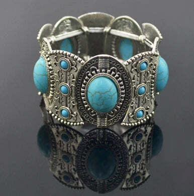 Gypsy Tribal Tibetan Bracelet for Women Boho Vintage Silvery Men's Turquoise Elastic Bangle Afghan Turkish Ethnic Indian Jewelry - KIMLUD