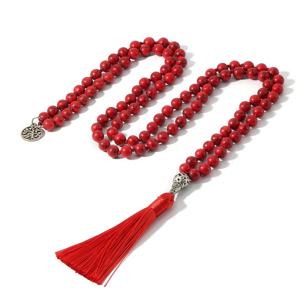 8mm Red Turquoise Knotted 108 Mala Beaded Necklace Meditation Yoga Blessing  Jewelry for Men and Women