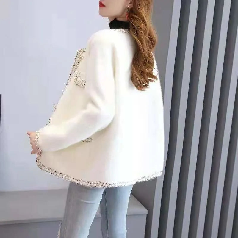 Autumn Winter Thick Mink Cashmere Sweater Women Cardigan Korean Loose Short Long Sleeve Big Pocket Knitted Jacket Coat Female