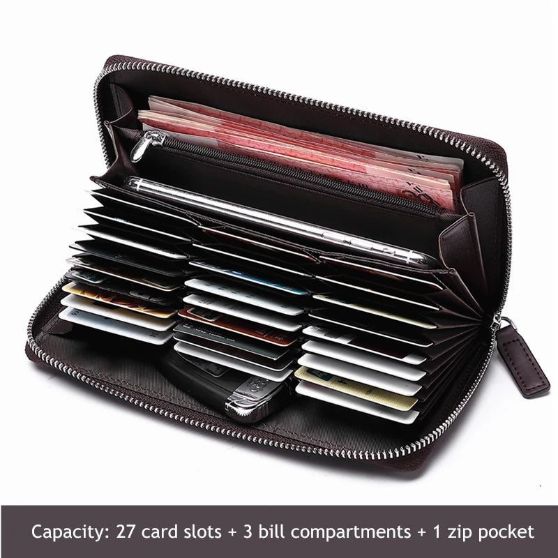 BISON DENIM Genuine leather Wallet Men Zipper Coin Pocket Long Purse Male Passport Cover RFID Blocking Card Holder Wallet