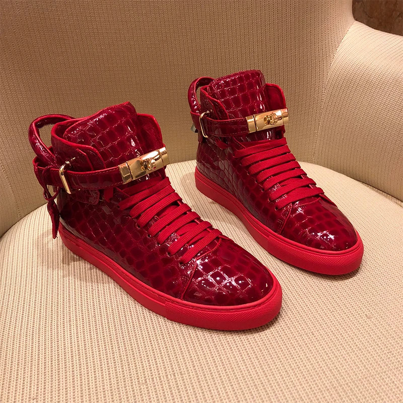 Men Embossed Crocodile High Top Sneakers Lock Lace Red Flats Real Leather Designer Boots Men‘s Casual Shoes