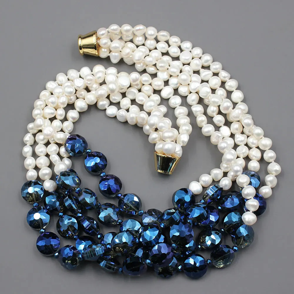 GuaiGuai Jewelry 5 Rows Natural White Keshi Potato Pearl Coin Blue Glass Crytal Necklace Handmade For Lady - KIMLUD