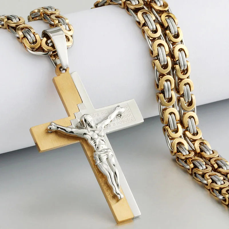 Religious Men Stainless Steel Crucifix Cross Pendant Necklace Heavy Byzantine Chain Necklaces Jesus Christ Holy Jewelry Gifts