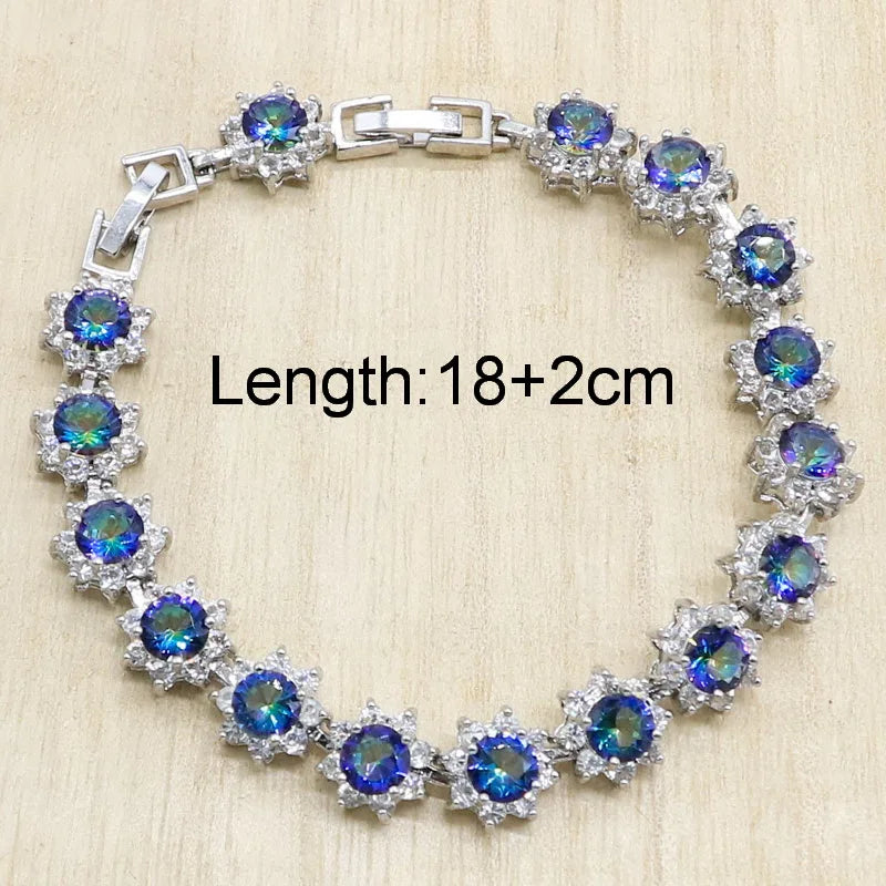 Classic Rainbow Zircon Necklace Earrings Sets For Women 925 Silver Ring Pendants Bracelets Rainbow Wedding Jewelry Sets