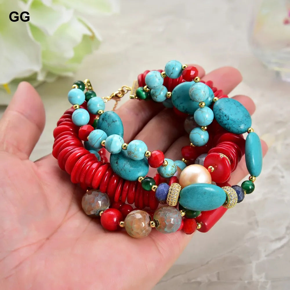 KIMLUD, GuaiGuai Jewelry 8" 5 Strands Natural Pearl Blue Turquoise Coral Gems Coral Stone Lapis Crystal Bracelet, KIMLUD Womens Clothes