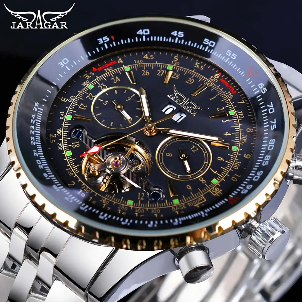 Jaragar 2017 Flying Series Golden Bezel Scale Dial Design Stainless Steel Mens Watch Top Brand Luxury Automatic Mechanical Watch - KIMLUD