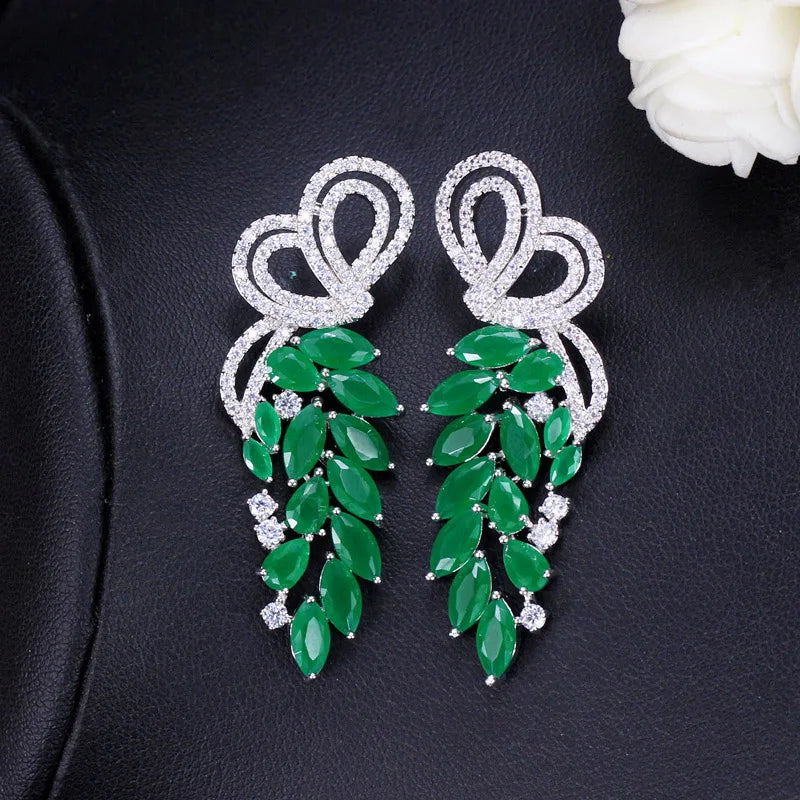 KIMLUD, Pera Fashion Silver Color Ear Jewelry Hanging Leaf Shape Green CZ Stone Long Symmetrical Drop Earrings for Women Party Gift E164, KIMLUD Womens Clothes