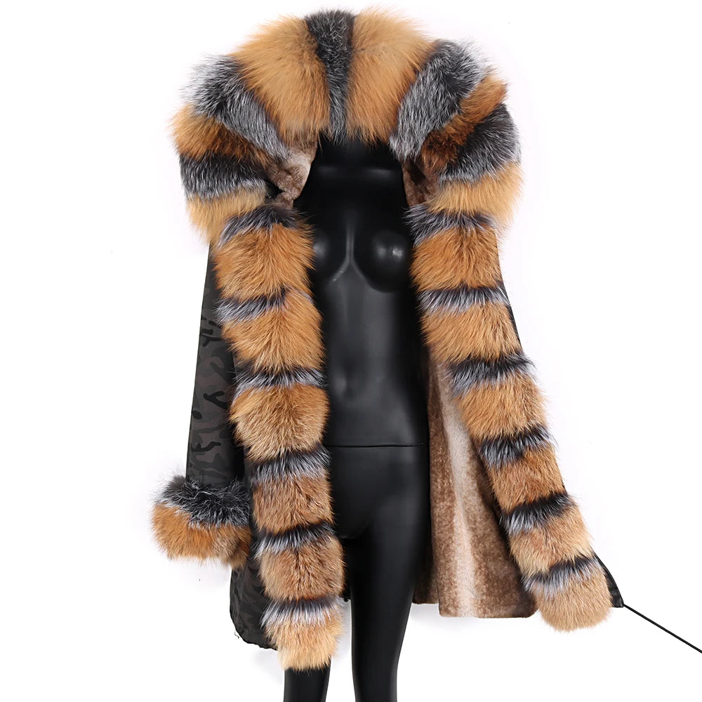 2023 Natural Real Fox Fur Jacke Coat Real Fox Fur Collar Cuff Hooded Coat Short Parka Long Camouflage winter jacket