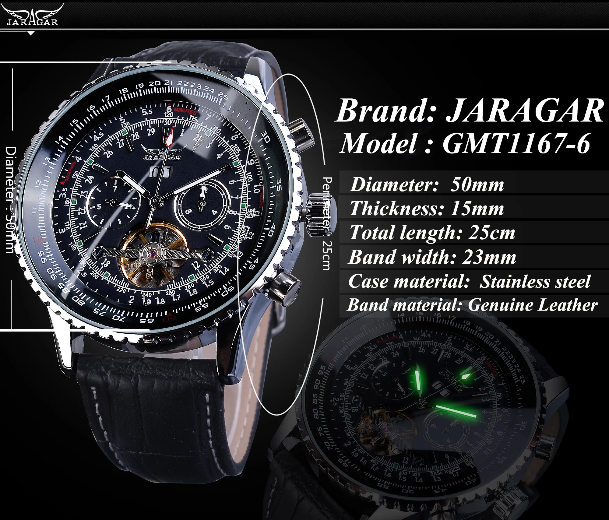 Jaragar Automatic Men Watches Pilot Style Tourbillon Calendar Display Black Genuine Leather Band Business Sport Mechanical Clock