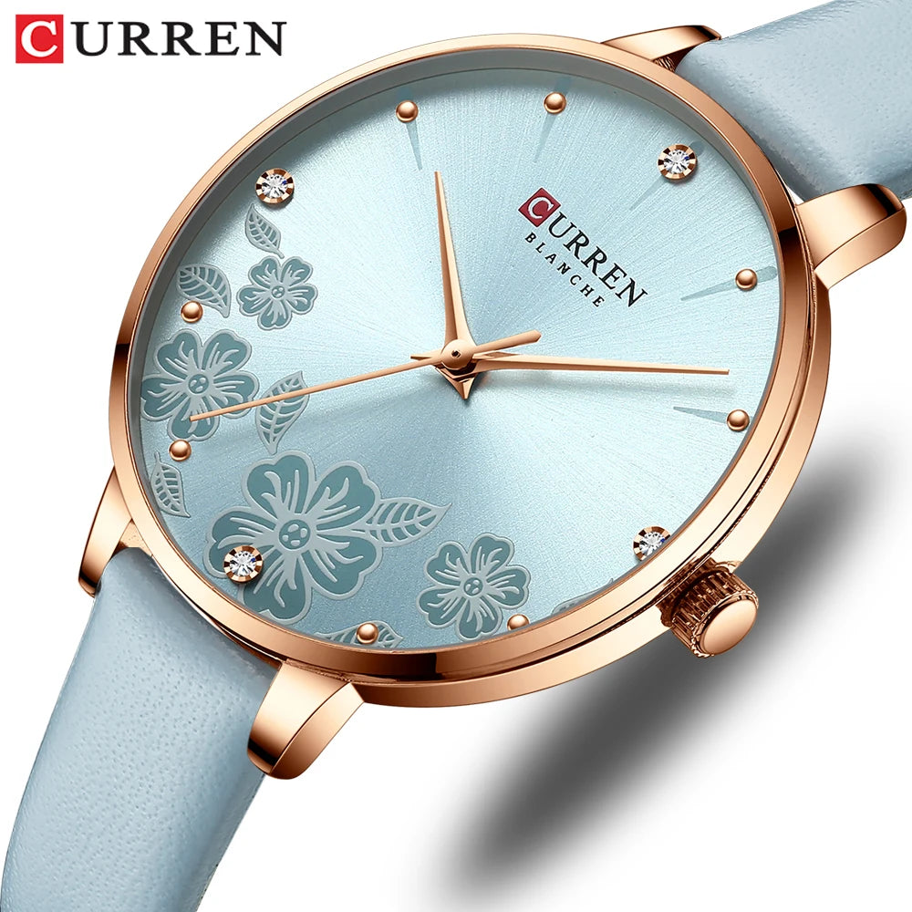 CURREN Watches Women Brand Leather Quartz Wristwatches Luxury Design Clock for Ladies Charm Flowers Dial Montre Femme - KIMLUD