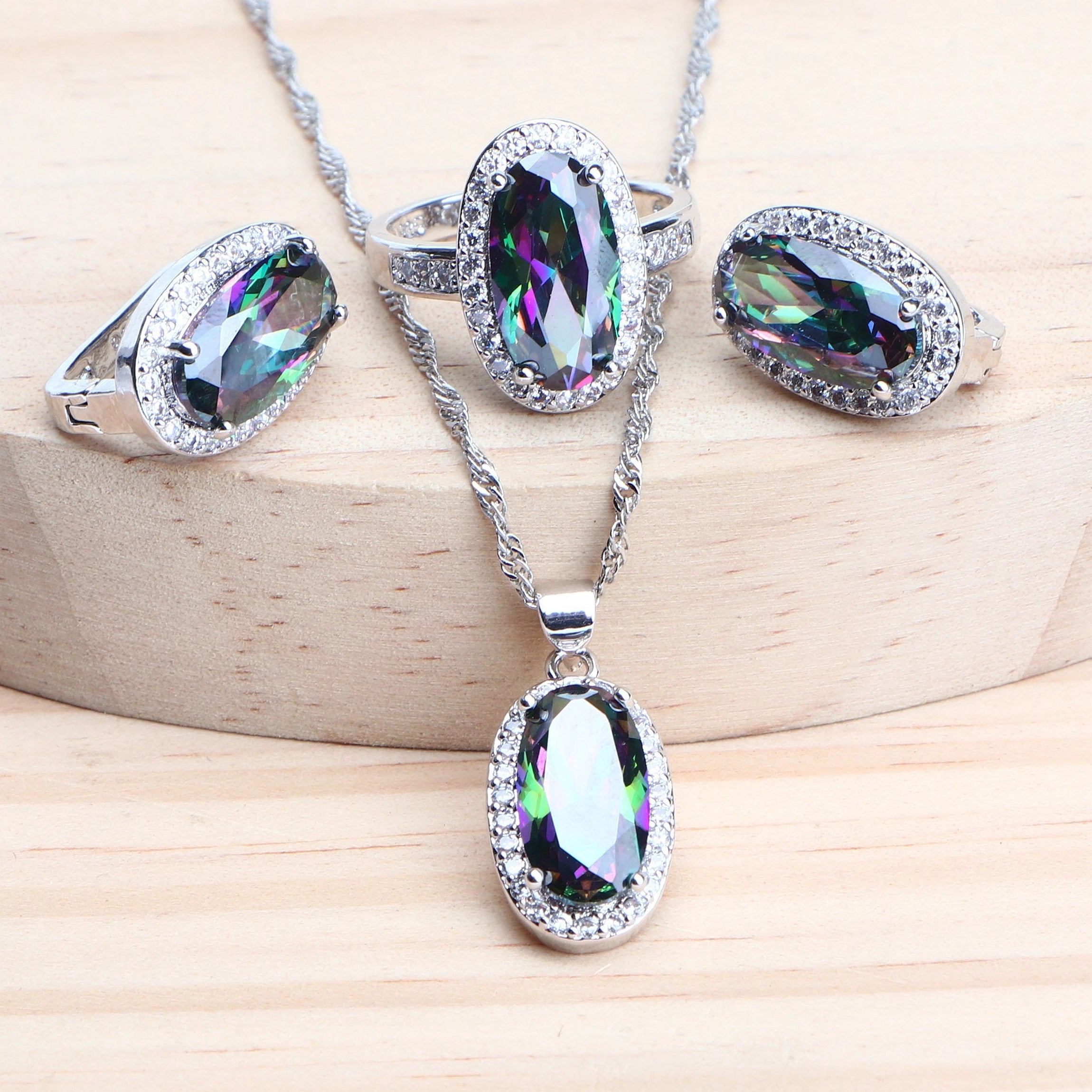 925 Silver Magic Rainbow CZ Jewelry Sets Women Bracelets Rings Natural Silver Earrings Wedding Jewelry Pendants Necklace Set