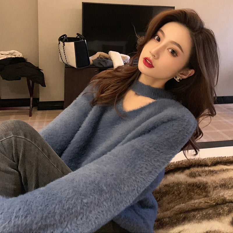 Halter V-Neck Loose Knitted Sweater Women Mink Cashmere Jumpers Oversized Elastic Casual Pullovers Lantern Sleeve Vintage X470