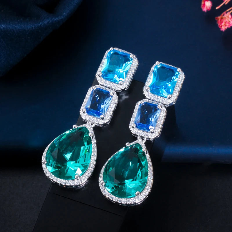 CWWZircons Unique Designer Big Long Water Drop Blue Crystal Cubic Zirconia Bohemian Earrings Jewelry Accessories for Women CZ729