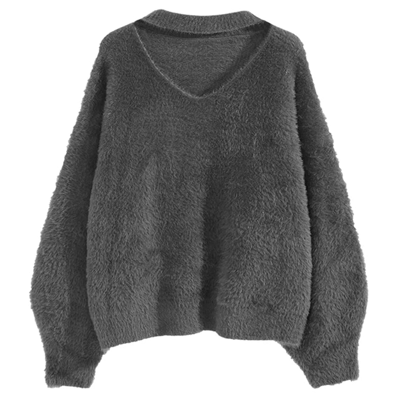 Halter V-Neck Loose Knitted Sweater Women Mink Cashmere Jumpers Oversized Elastic Casual Pullovers Lantern Sleeve Vintage X470