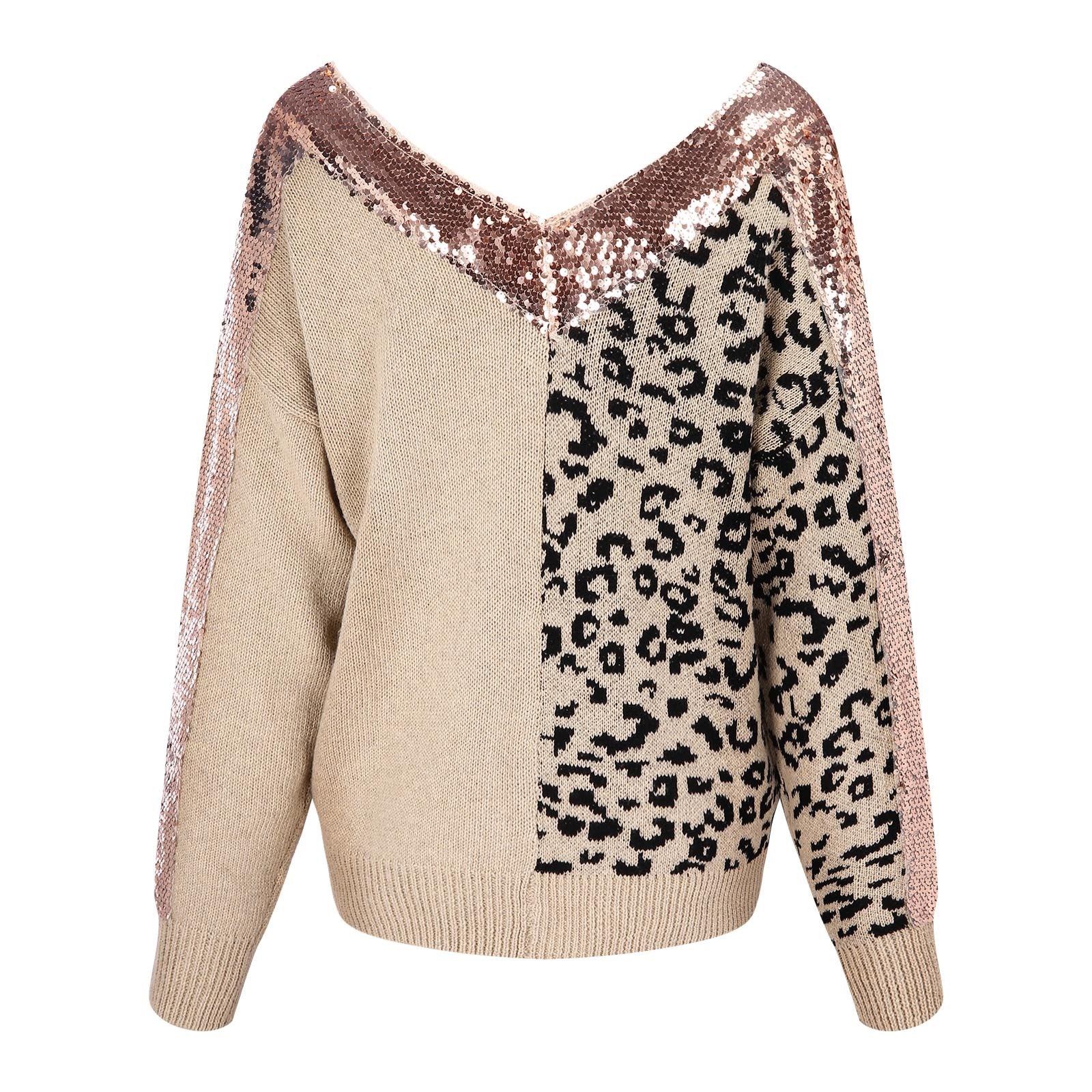 Women Sweater Stitching Leopard Print Sequin Blouse V Neck Temperament Pullover Long Sleeved Female Casual Elegant Pullover