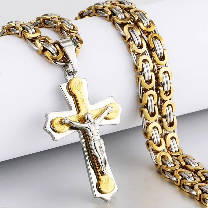 Religious Men Stainless Steel Crucifix Cross Pendant Necklace Heavy Byzantine Chain Necklaces Jesus Christ Holy Jewelry Gifts