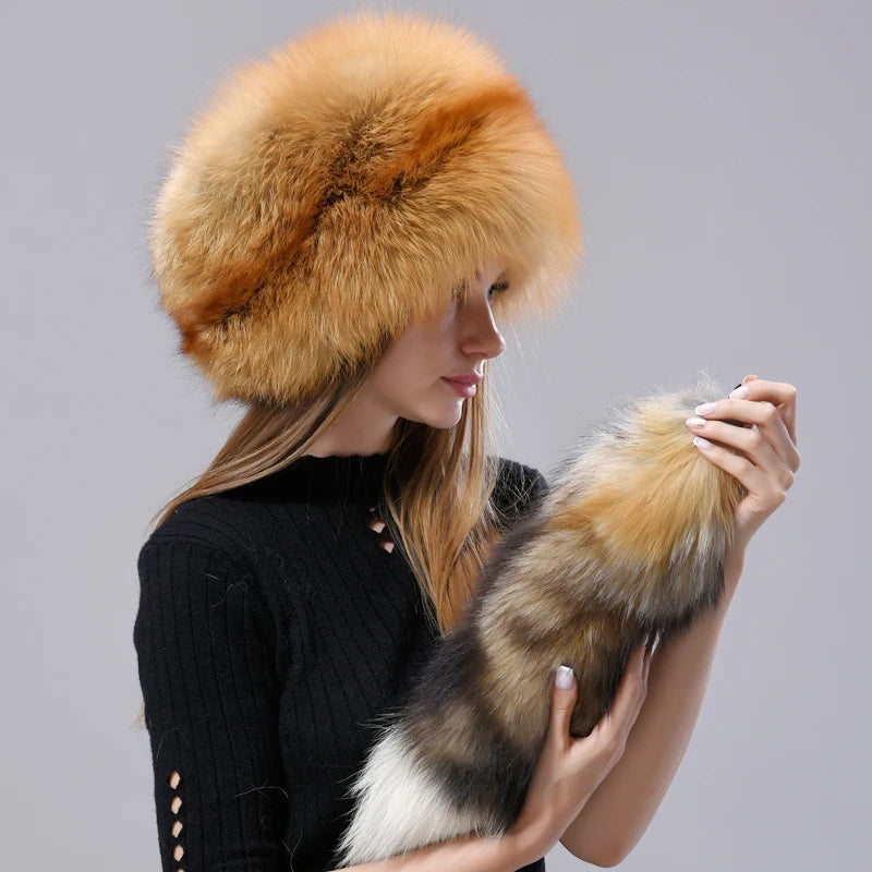 Natural Fox Fur Russian Hat Ushanka Women Winter Warm Fluffy Popular Style Female Tail Cap Fashion Real Fur Hats