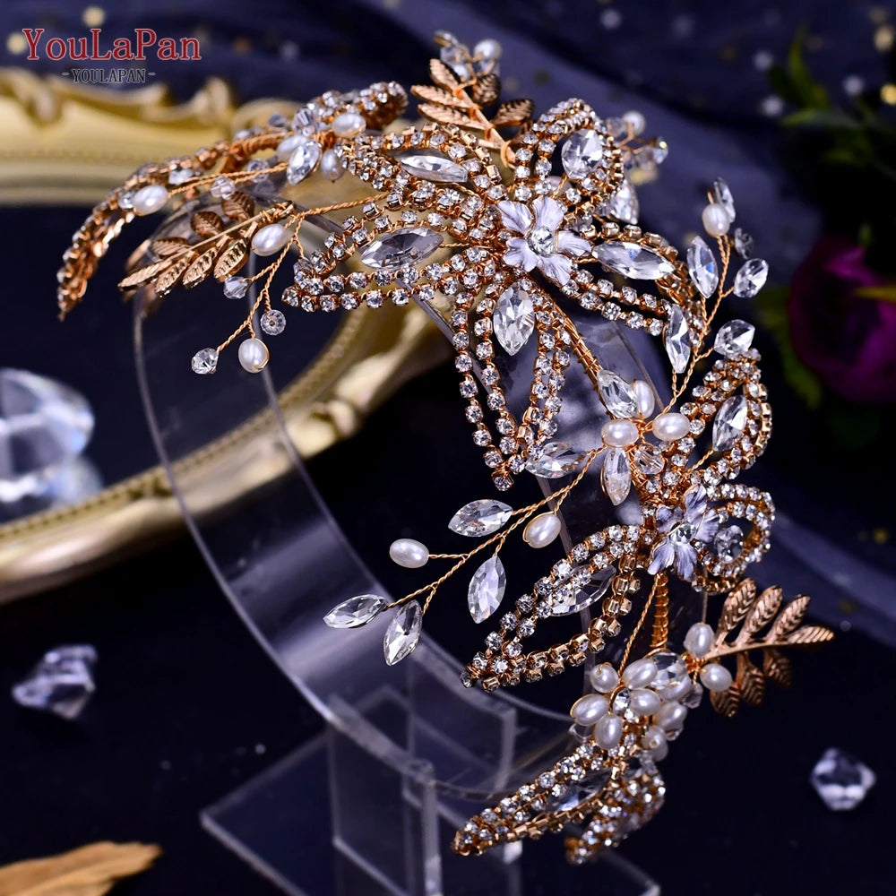 KIMLUD, TOPQUEEN HP254 Bridal Side Clip Wedding Tiara Bridal Hairpins Handmade Rhinestone Women Headwear Alloy Flower Bride Headdress, HP305-G, KIMLUD APPAREL - Womens Clothes