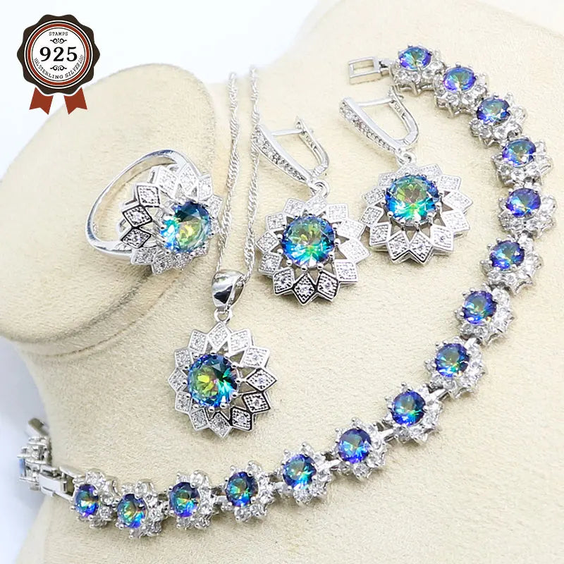 Classic Rainbow Zircon Necklace Earrings Sets For Women 925 Silver Ring Pendants Bracelets Rainbow Wedding Jewelry Sets - KIMLUD