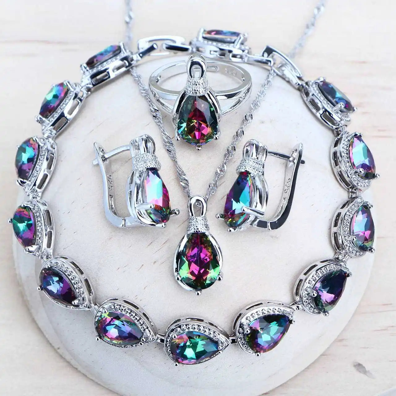 KIMLUD, Silver 925 Women Bridal Jewelry Sets Wedding Costume Jewellery Rainbow Cubic Zirconia Earrings Rings Bracelets Pendant Necklace, 4PCS-Rainbow / resizable, KIMLUD APPAREL - Womens Clothes