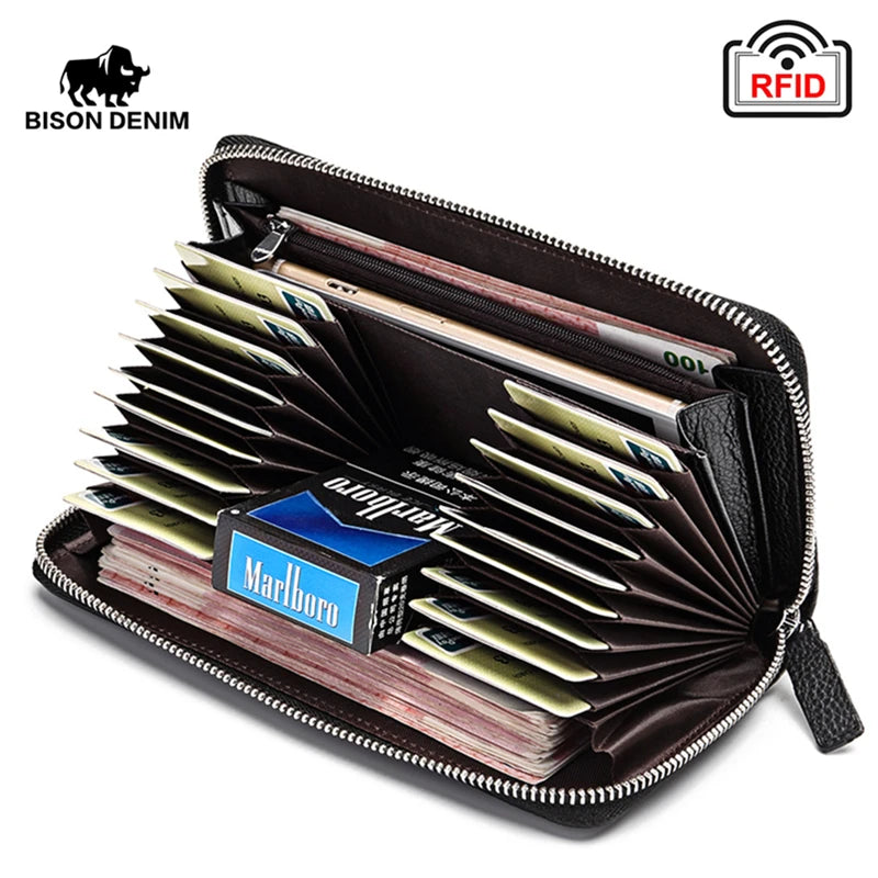 BISON DENIM 100% Cow Leather Clutch Wallets for Men RFID Blocking Card Holder Wallet Coin Purse Long Phone Wallet W8226 - KIMLUD