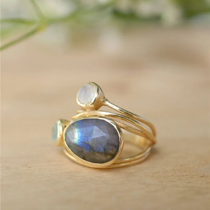 KIMLUD, Delicate Multi-layers Cross Moonstone Rings for Women Boho Gold Color Round Opal Resin Simulated Shell Rings, KIMLUD Womens Clothes