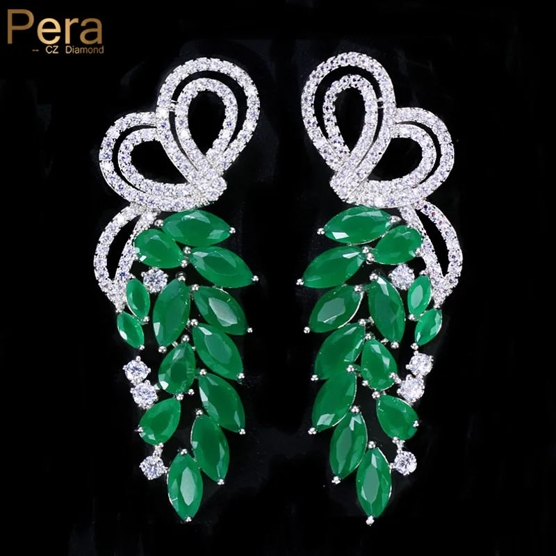 KIMLUD, Pera Fashion Silver Color Ear Jewelry Hanging Leaf Shape Green CZ Stone Long Symmetrical Drop Earrings for Women Party Gift E164, KIMLUD Womens Clothes